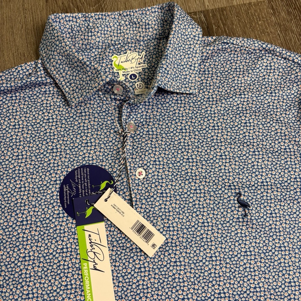 Tailor Byrd Performance Polo Mens L Blue Daisy Floral AOP Stretch New
